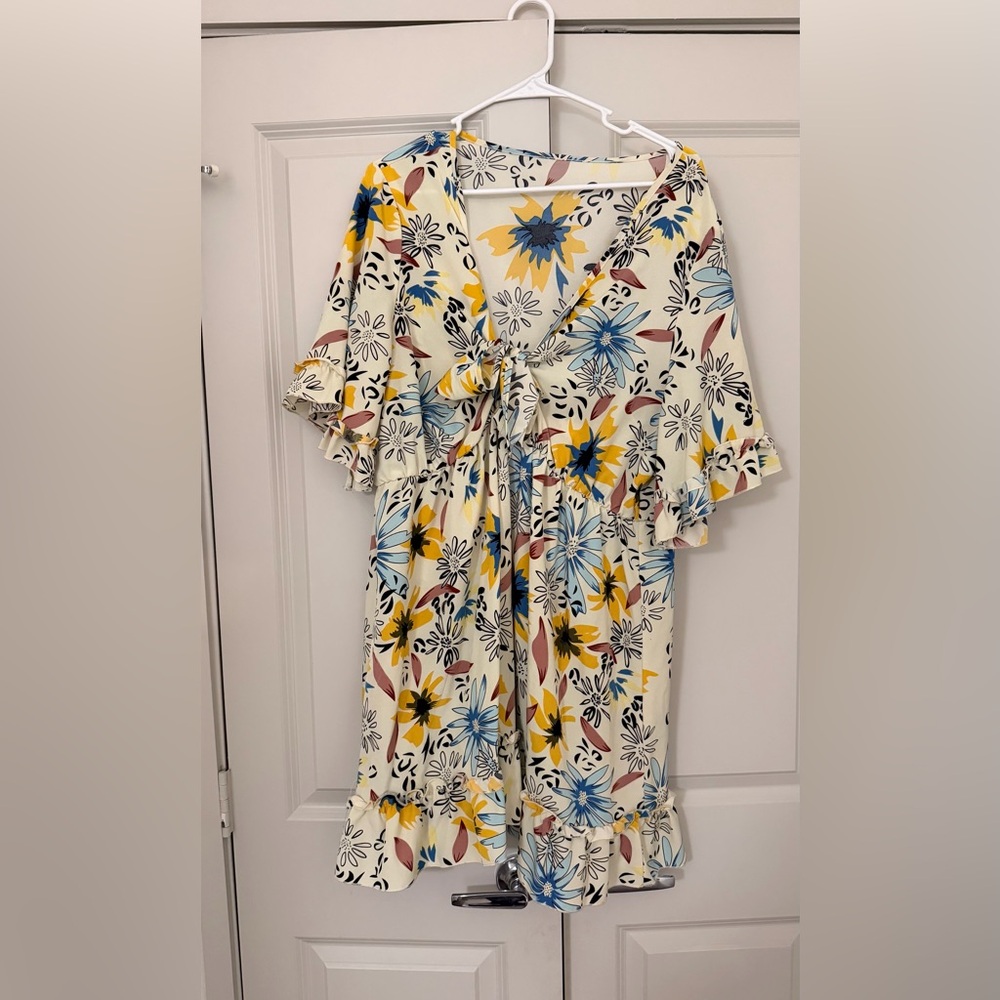 Floral Tie-Front Cream Dress with Yellow & Blue Accents